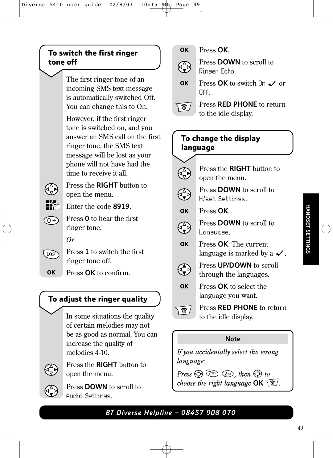 BT BT DIVERSE 5410 manual To switch the first ringer tone off, To adjust the ringer quality, To change the display language 