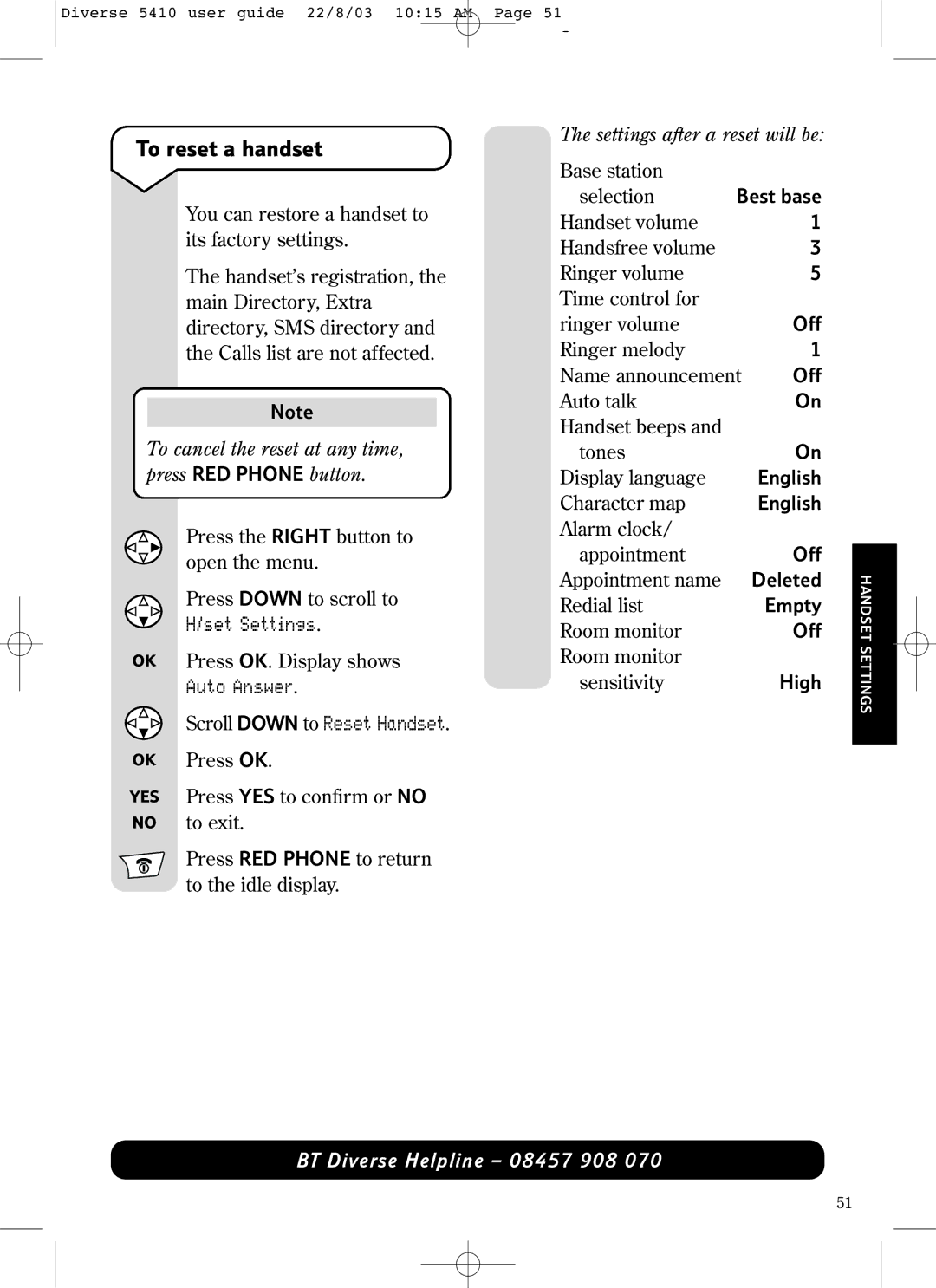 BT BT DIVERSE 5410 manual To reset a handset, Scroll Down to Reset Handset, Settings after a reset will be 