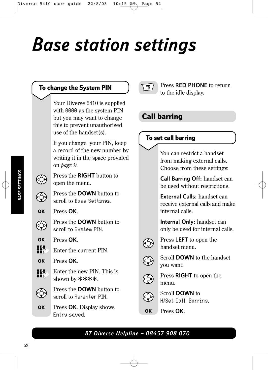 BT BT DIVERSE 5410 manual Base station settings, Call barring, To change the System PIN, To set call barring 