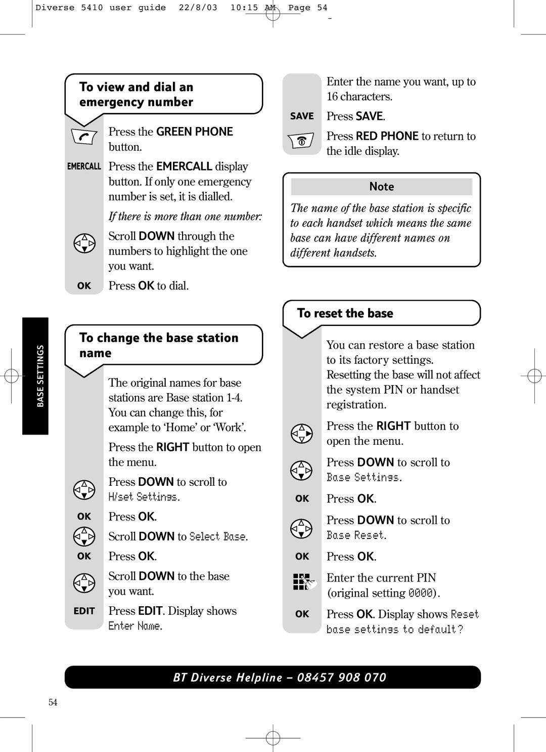 BT BT DIVERSE 5410 manual To view and dial an emergency number, To change the base station name, To reset the base 