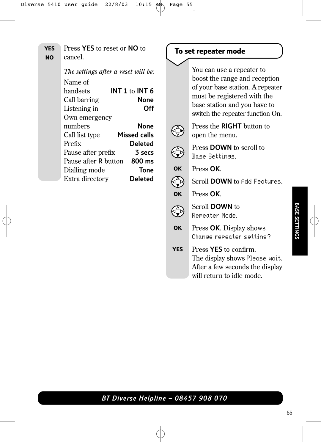 BT BT DIVERSE 5410 manual To set repeater mode, Scroll Down to Add Features, Repeater Mode 