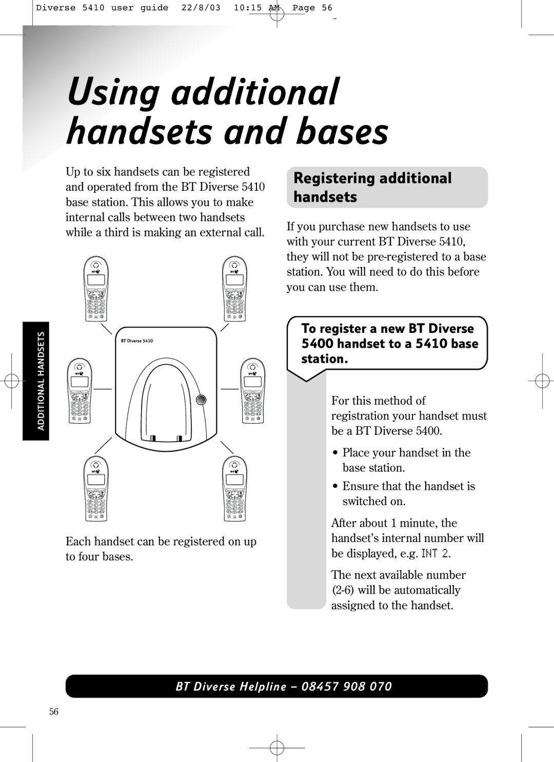 BT BT DIVERSE 5410 manual Using additional handsets and bases, Registering additional handsets 