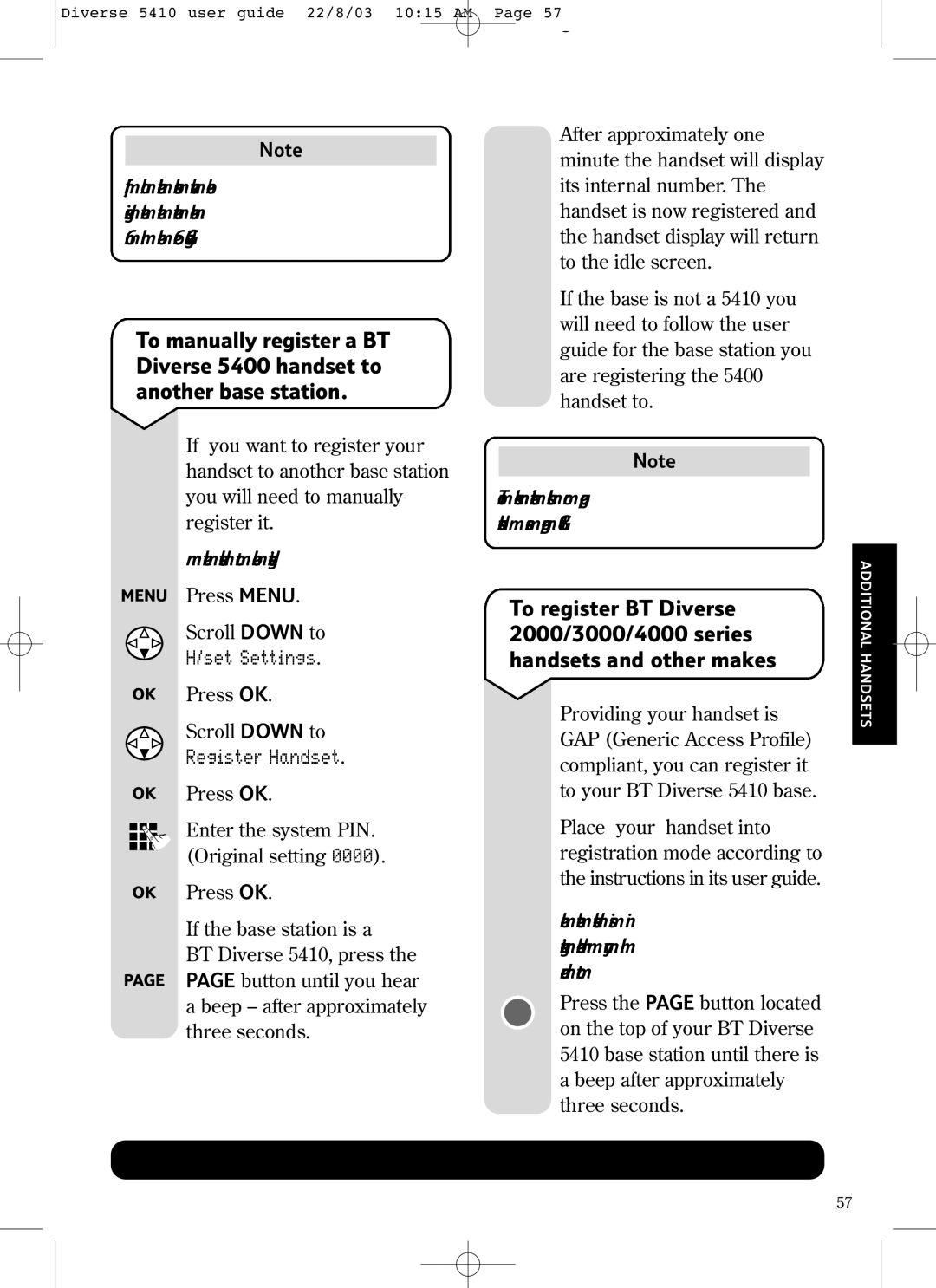 BT BT DIVERSE 5410 manual Register Handset, On the handset to be registered, To make internal calls or page handsets, see 