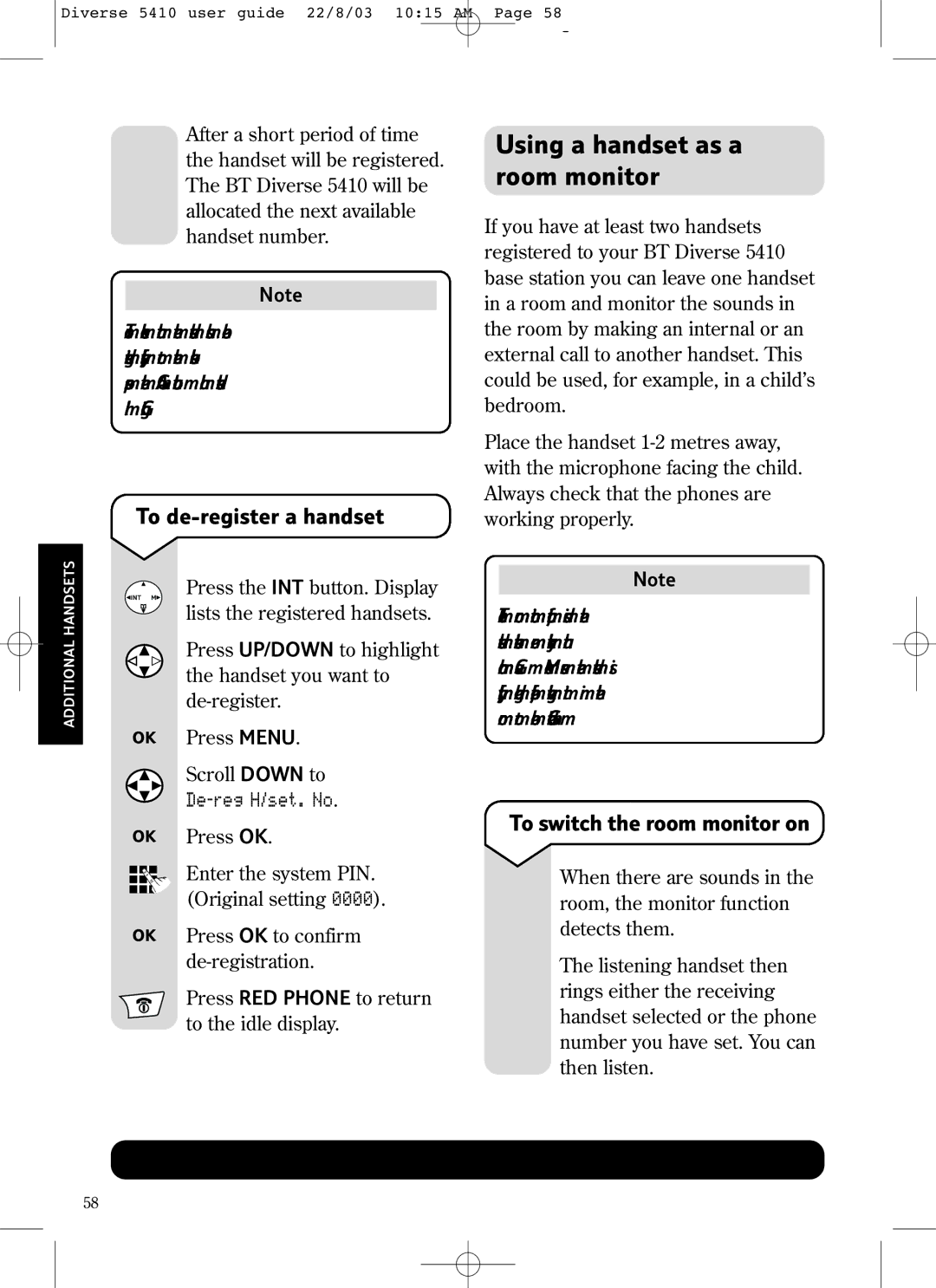 BT BT DIVERSE 5410 manual Using a handset as a room monitor, To de-register a handset, To switch the room monitor on 