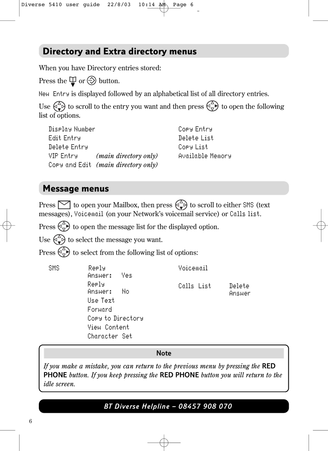 BT BT DIVERSE 5410 manual Directory and Extra directory menus, Message menus 