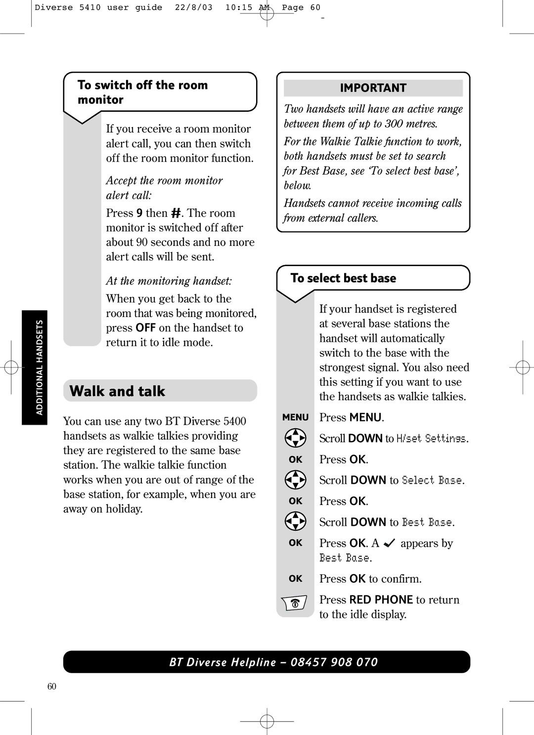 BT BT DIVERSE 5410 manual Walk and talk, To switch off the room monitor, To select best base, Scroll Down to H/set Settings 