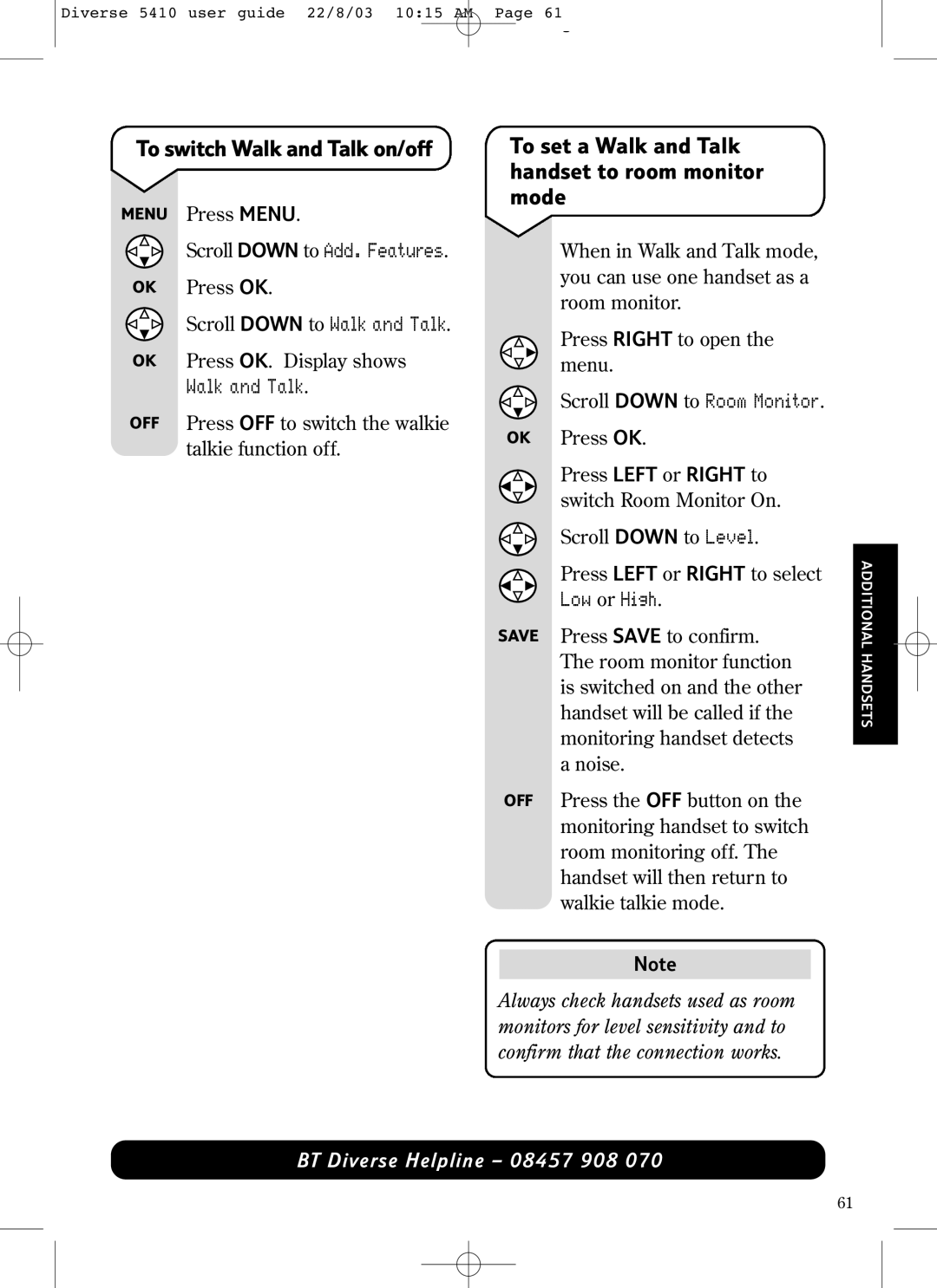 BT BT DIVERSE 5410 manual To switch Walk and Talk on/off, To set a Walk and Talk handset to room monitor mode, Low or High 