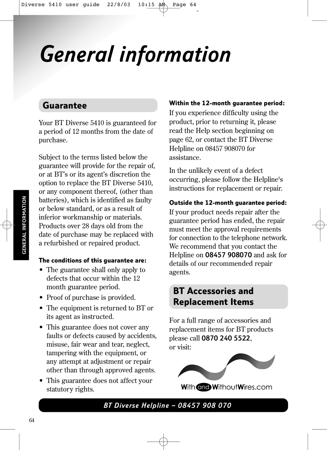 BT BT DIVERSE 5410 manual General information, Guarantee, BT Accessories Replacement Items 
