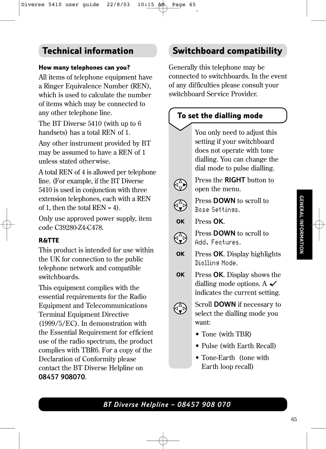 BT BT DIVERSE 5410 manual Technical information, Switchboard compatibility, To set the dialling mode, Add. Features 