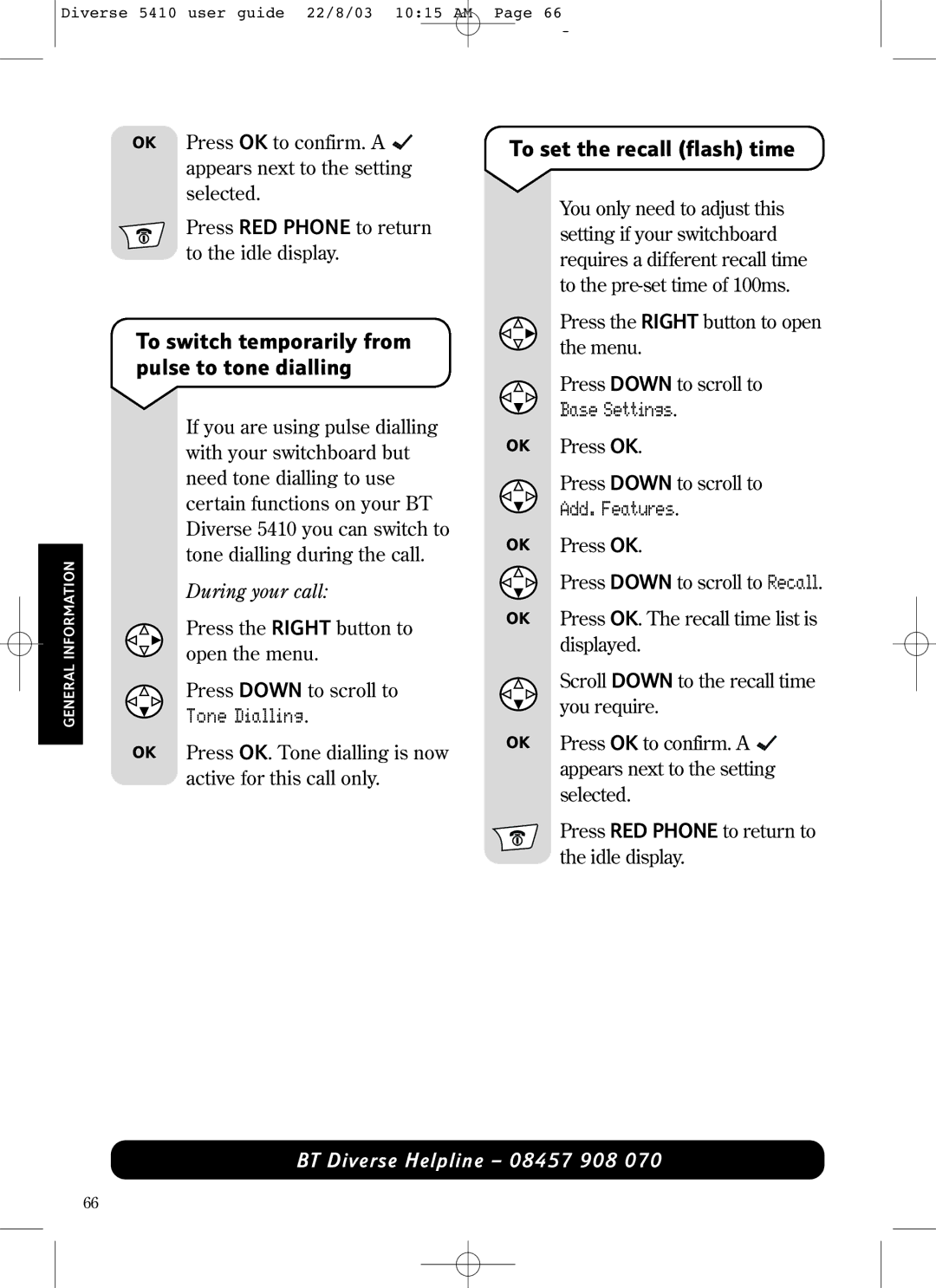 BT BT DIVERSE 5410 manual To switch temporarily from pulse to tone dialling, To set the recall flash time, Tone Dialling 