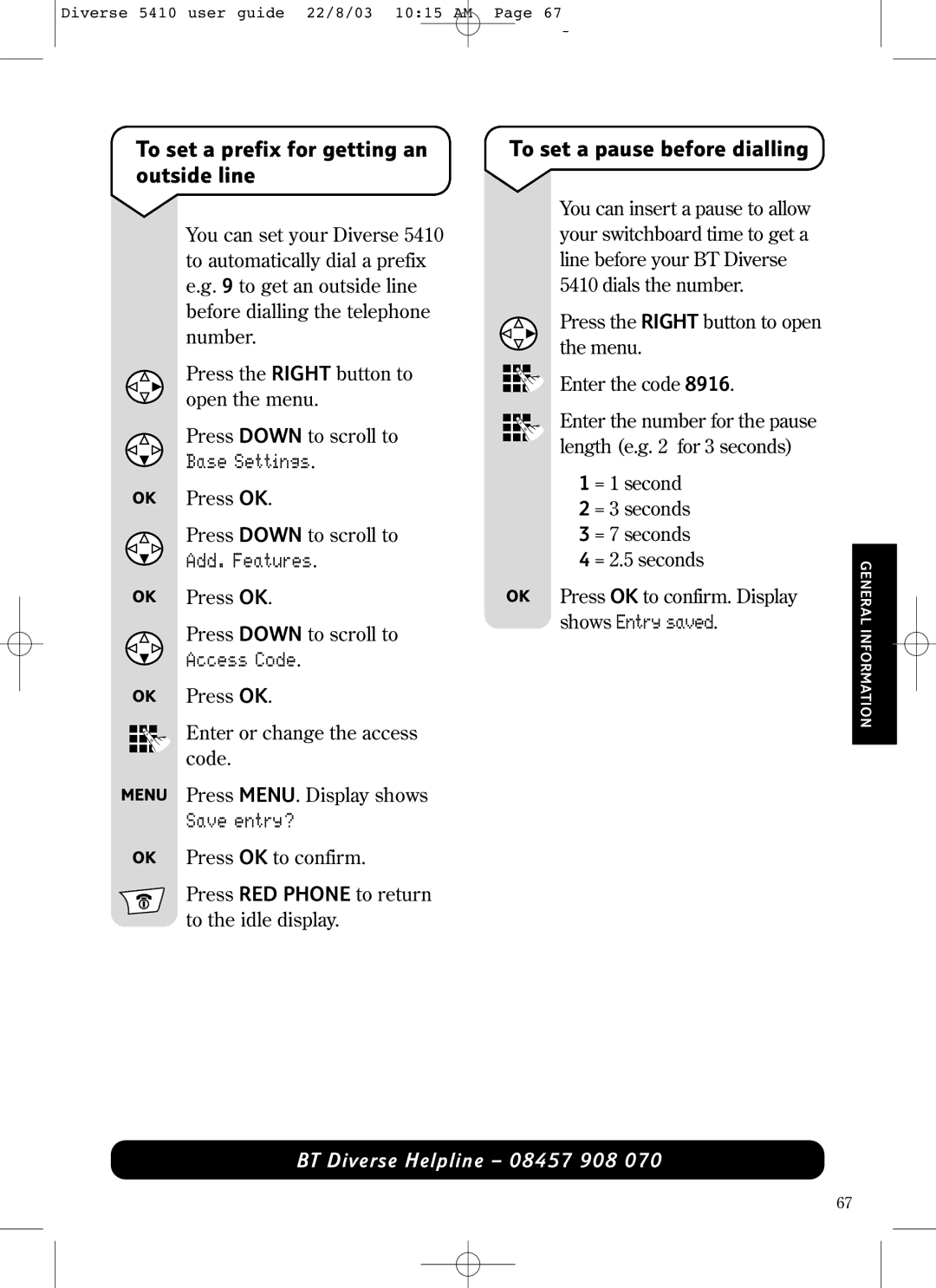 BT BT DIVERSE 5410 manual To set a prefix for getting an outside line, To set a pause before dialling, Access Code 