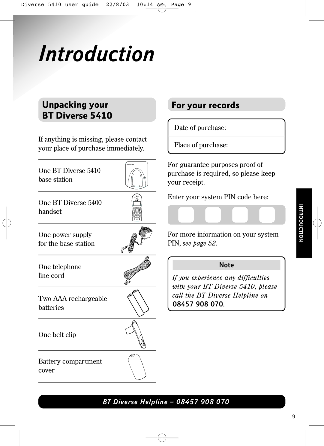 BT BT DIVERSE 5410 manual Introduction, Unpacking your BT Diverse, For your records 