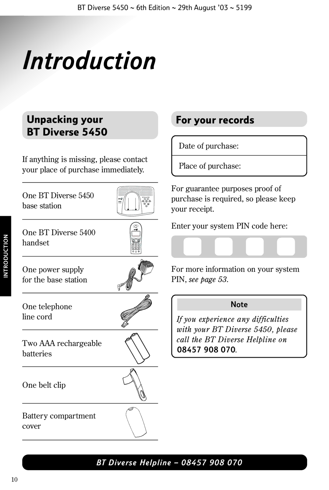 BT BT Diverse 5450 manual Introduction, Unpacking your BT Diverse, For your records 