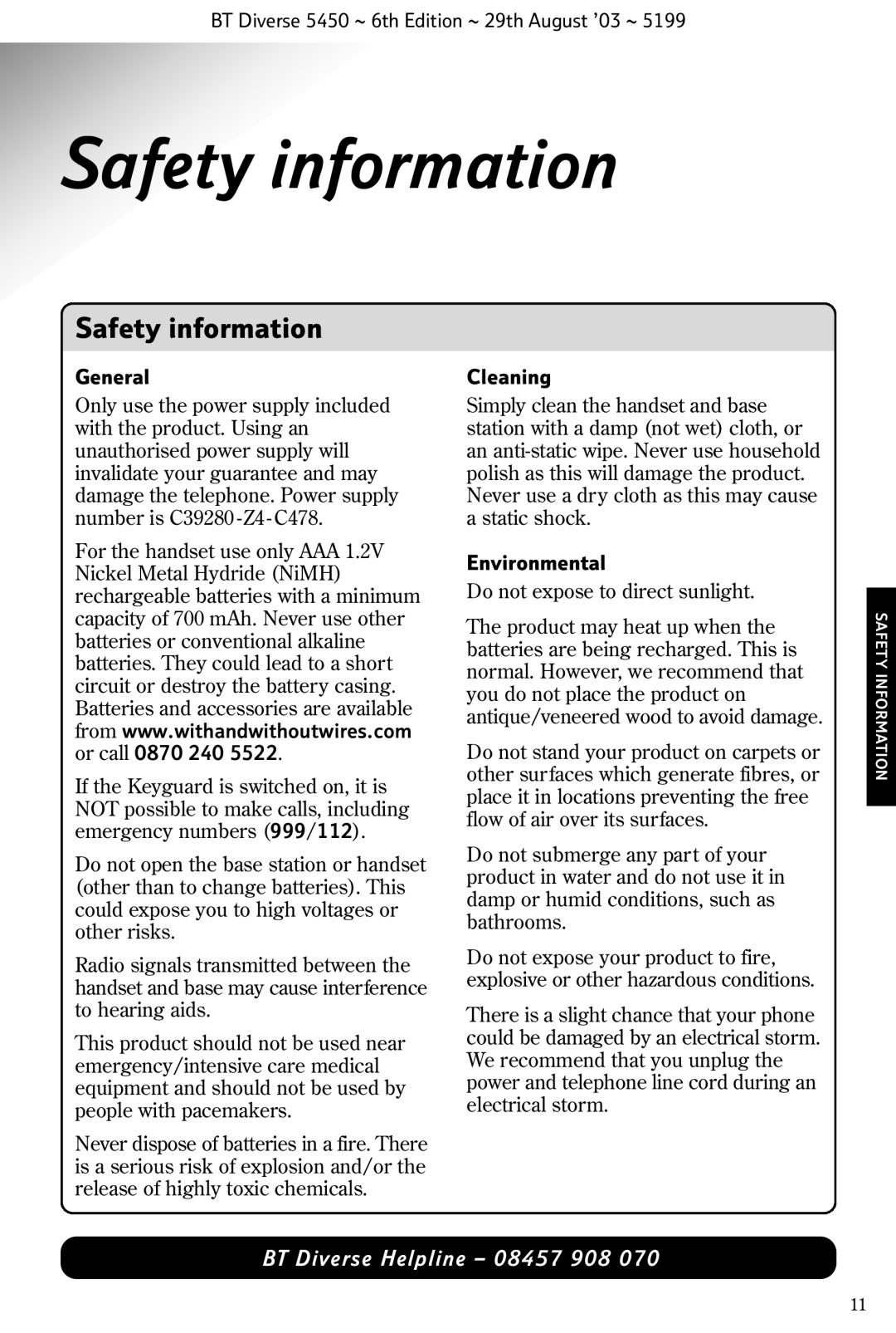 BT BT Diverse 5450 manual Safety information, General, Cleaning, Environmental 