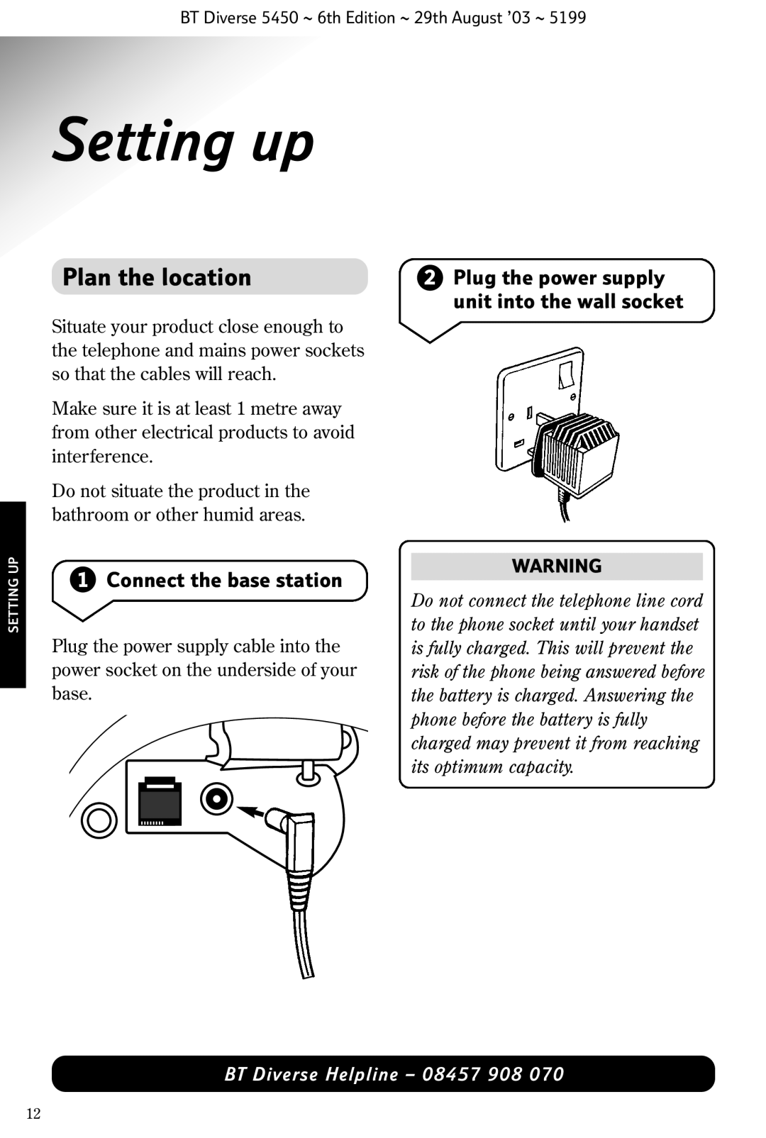 BT BT Diverse 5450 manual Setting up, Plan the location, Connect the base station 