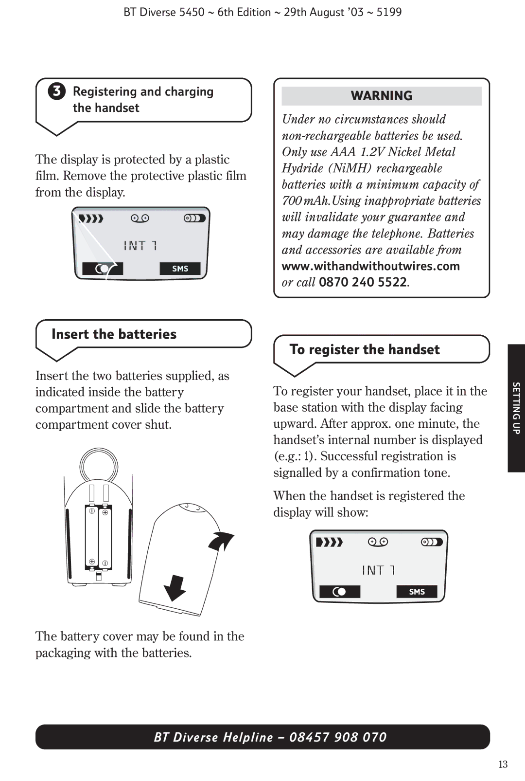 BT BT Diverse 5450 manual Insert the batteries, To register the handset, Registering and charging the handset 