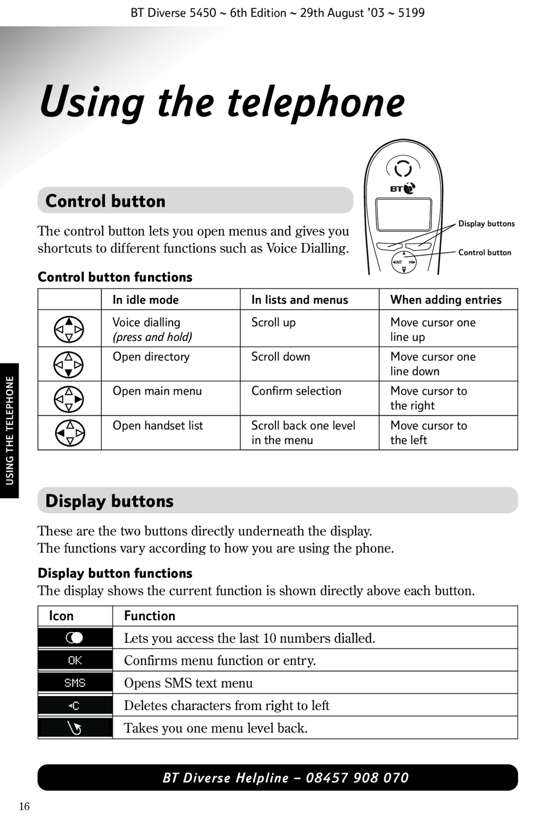 BT BT Diverse 5450 manual Using the telephone, Control button, Display buttons 