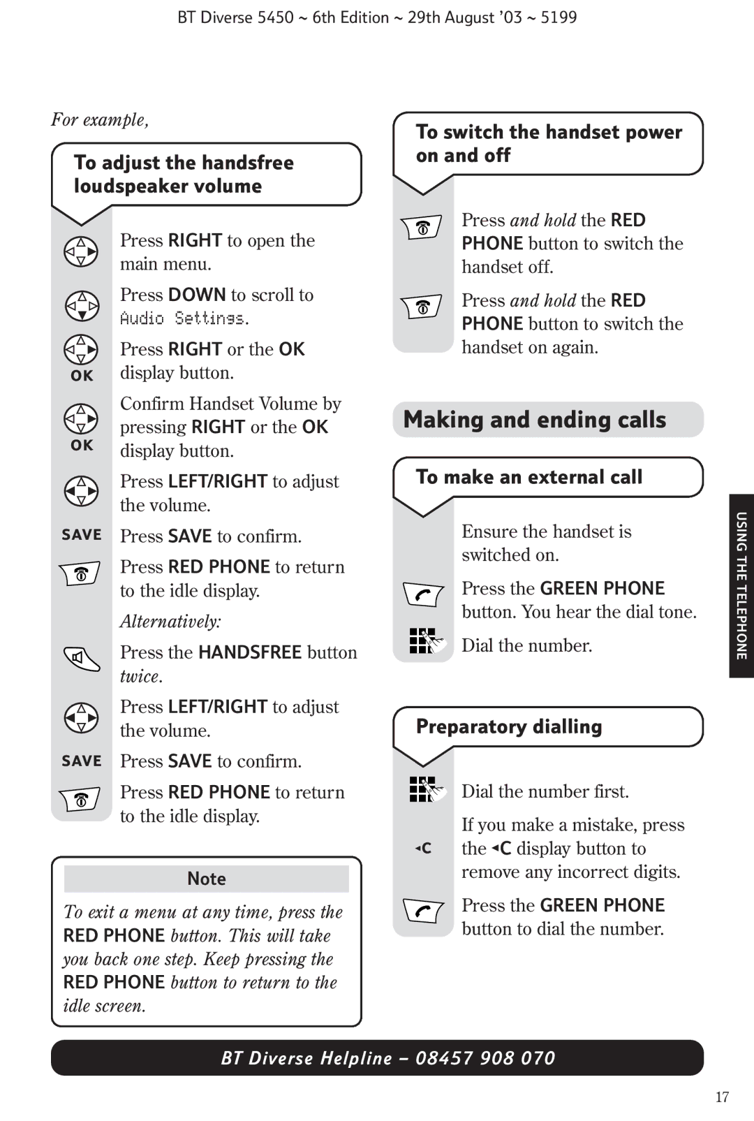 BT BT Diverse 5450 manual Making and ending calls, To switch the handset power on and off, To make an external call 