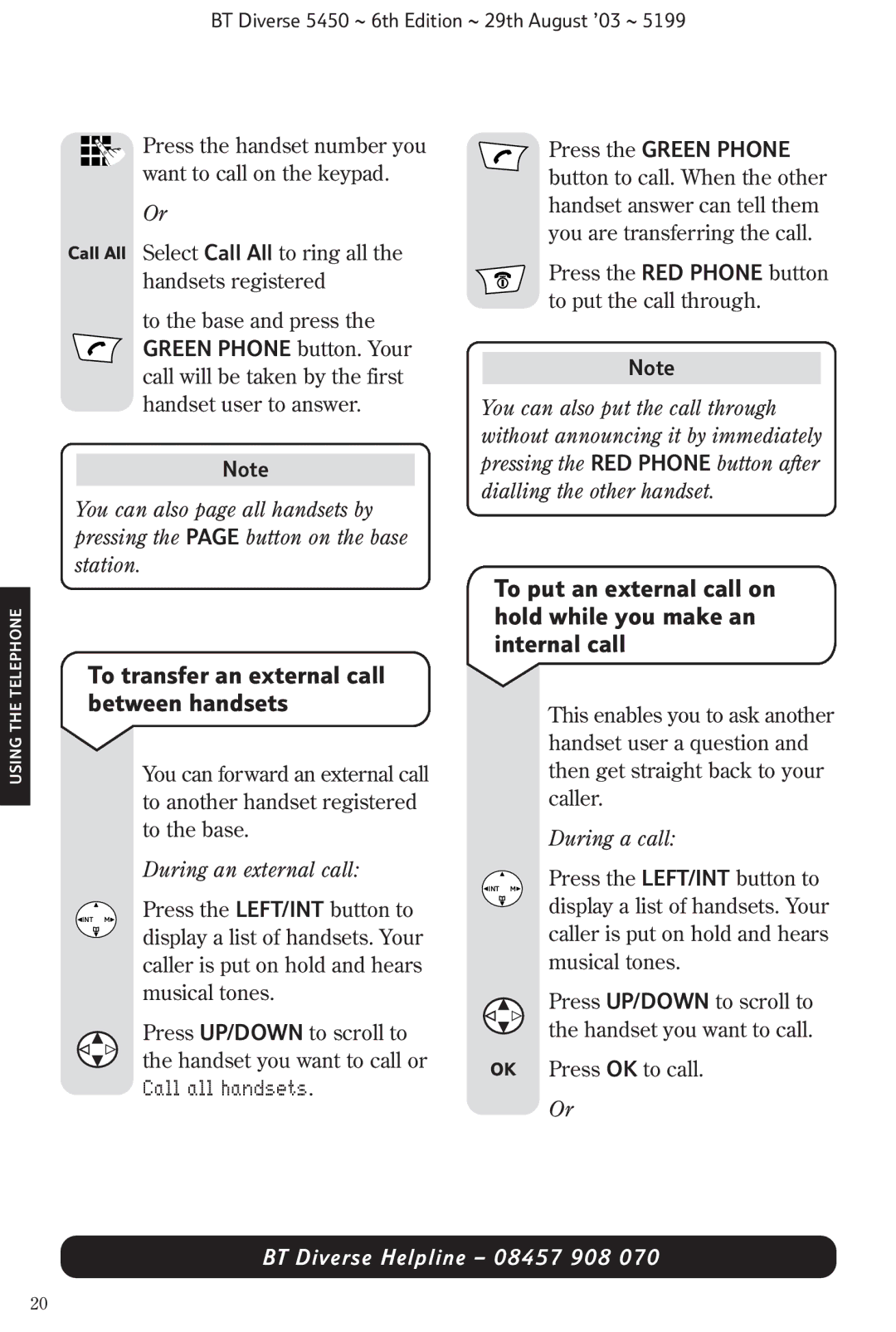 BT BT Diverse 5450 manual To transfer an external call between handsets, During an external call 