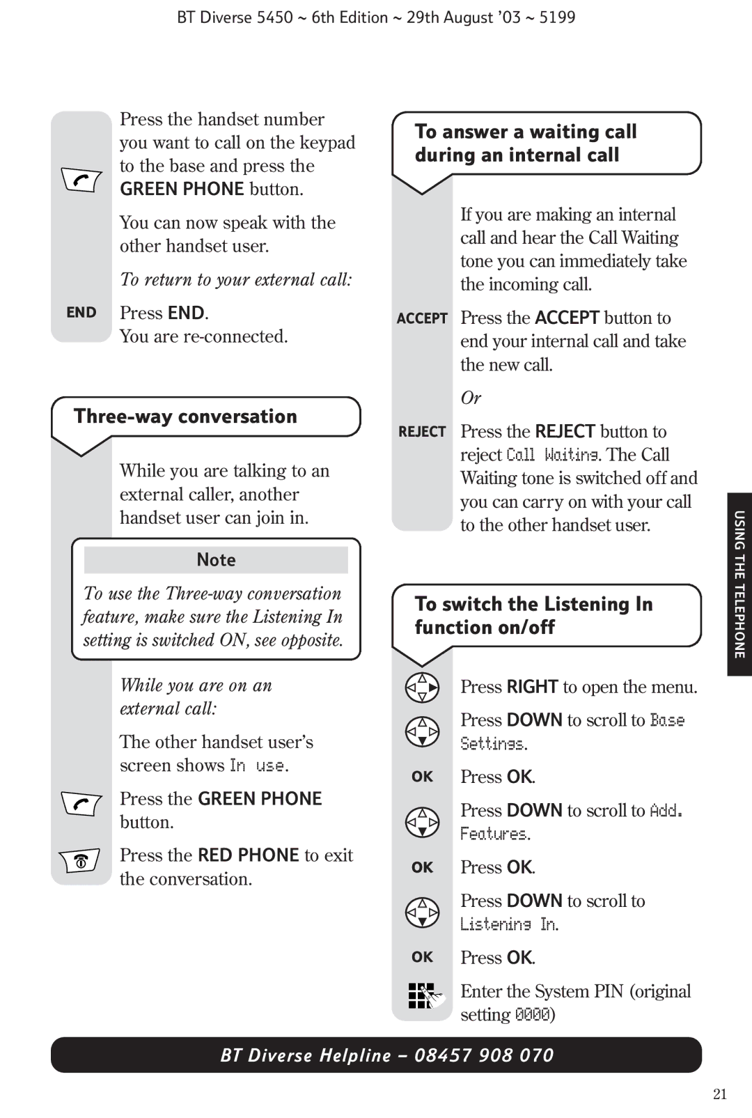 BT BT Diverse 5450 manual Three-way conversation, To answer a waiting call during an internal call 