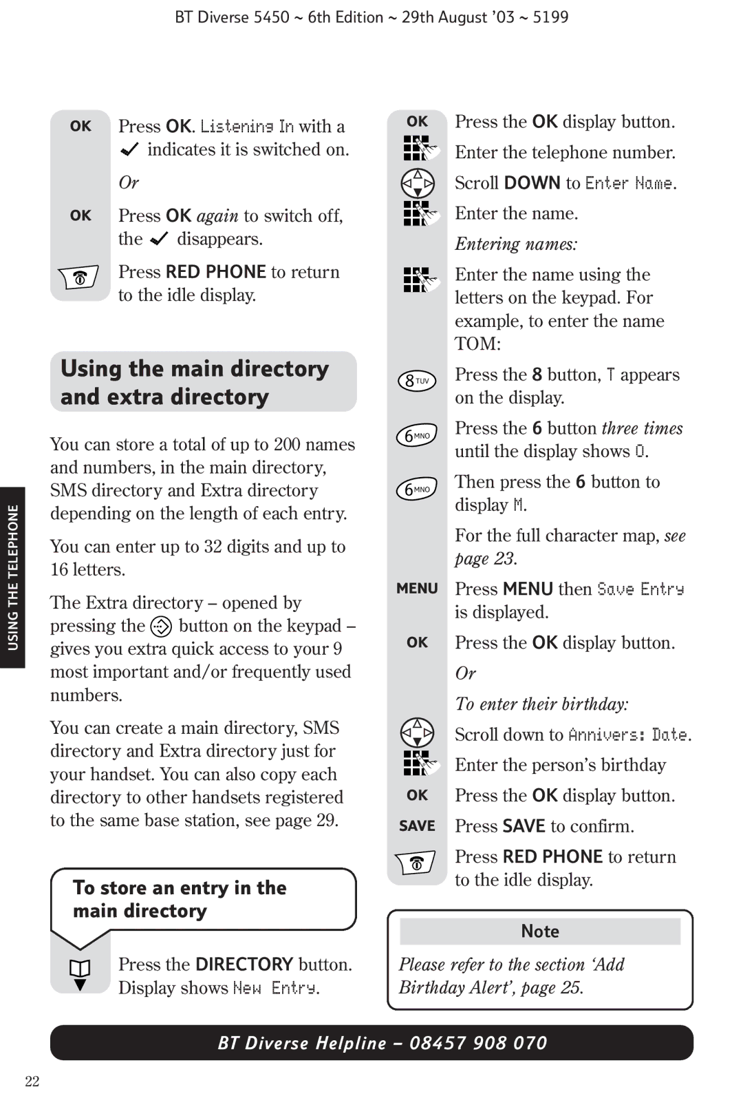 BT BT Diverse 5450 Using the main directory and extra directory, To store an entry in the main directory, Entering names 