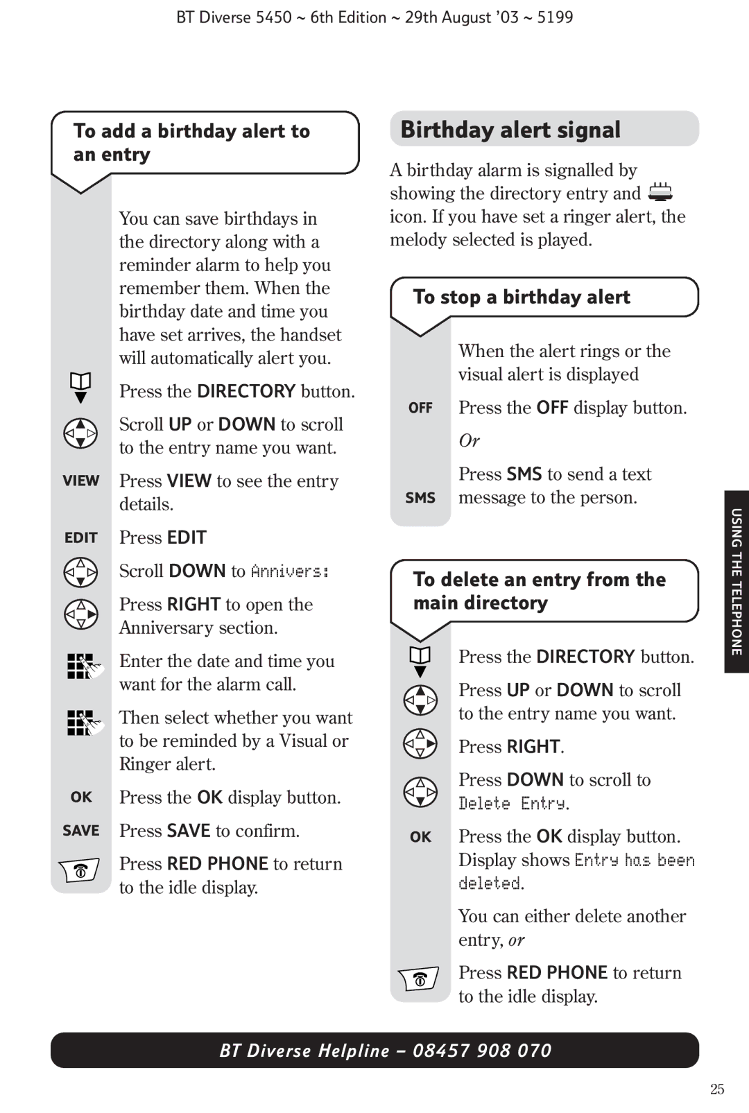 BT BT Diverse 5450 manual Birthday alert signal, To add a birthday alert to an entry, To stop a birthday alert 