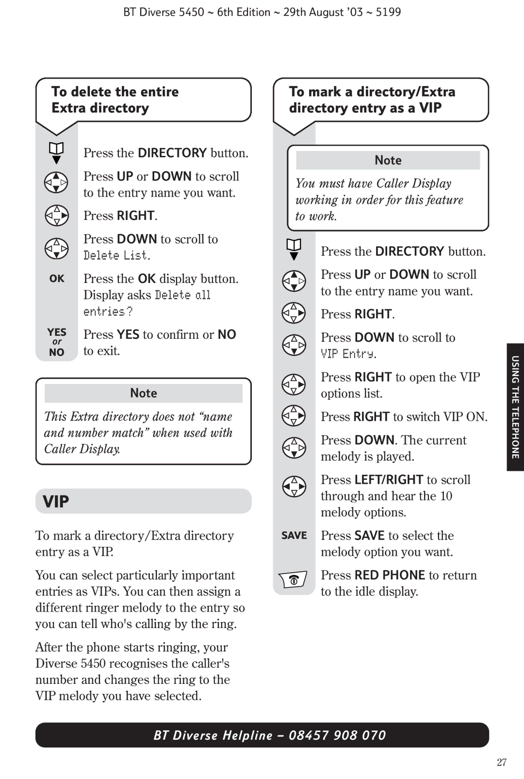 BT BT Diverse 5450 manual To delete the entire Extra directory, To mark a directory/Extra directory entry as a VIP 