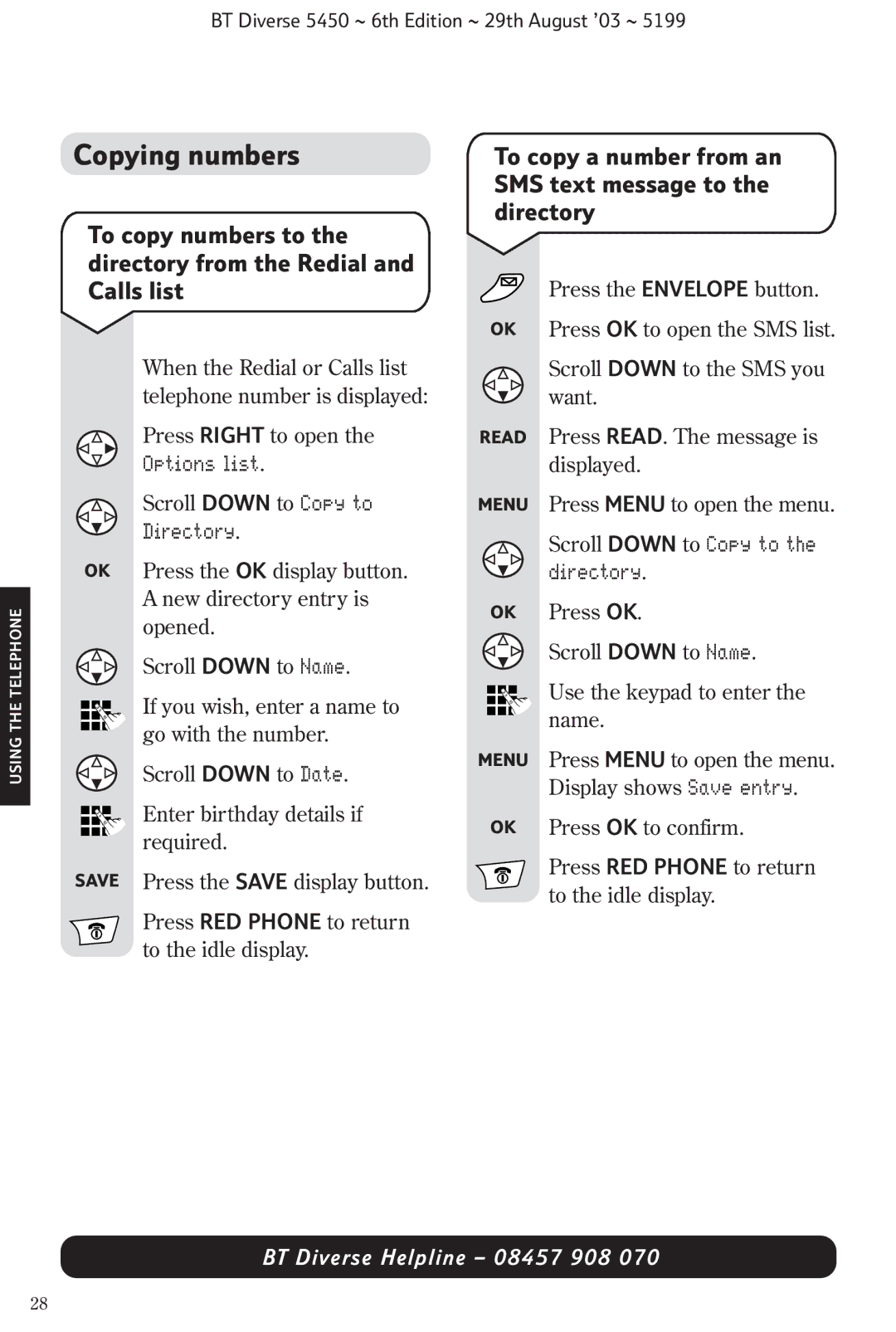 BT BT Diverse 5450 Copying numbers, To copy a number from an SMS text message to the directory, Options list, Directory 