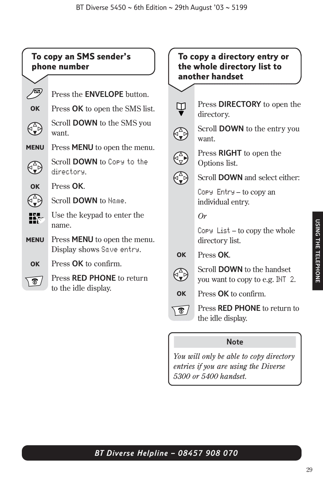 BT BT Diverse 5450 manual To copy an SMS sender’s phone number 