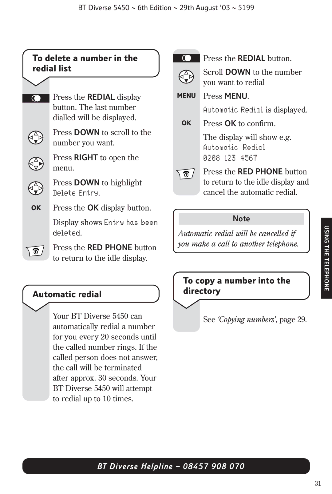 BT BT Diverse 5450 manual To delete a number in the redial list, Automatic redial, To copy a number into the directory 