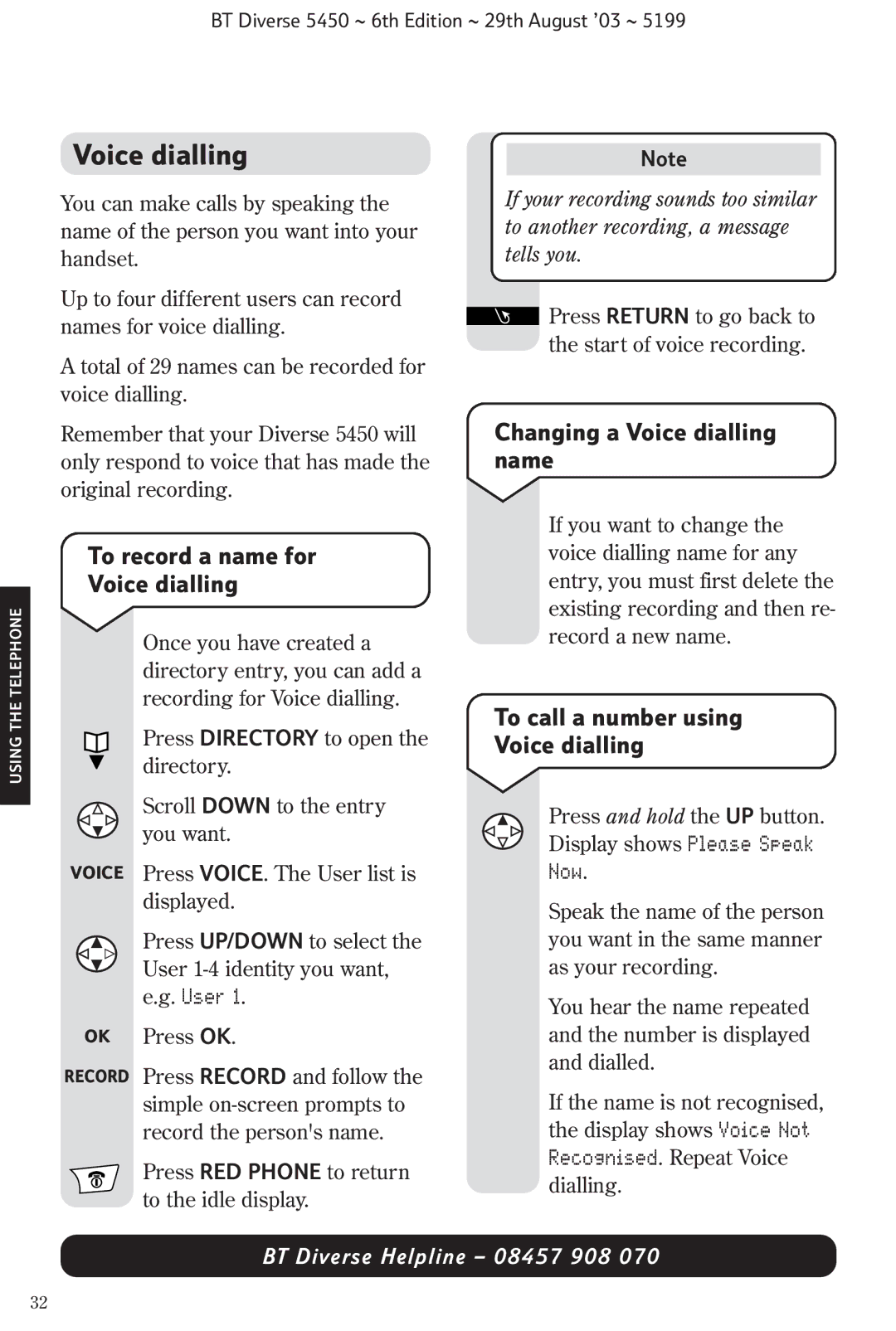 BT BT Diverse 5450 manual To record a name for Voice dialling, Changing a Voice dialling name, Now 