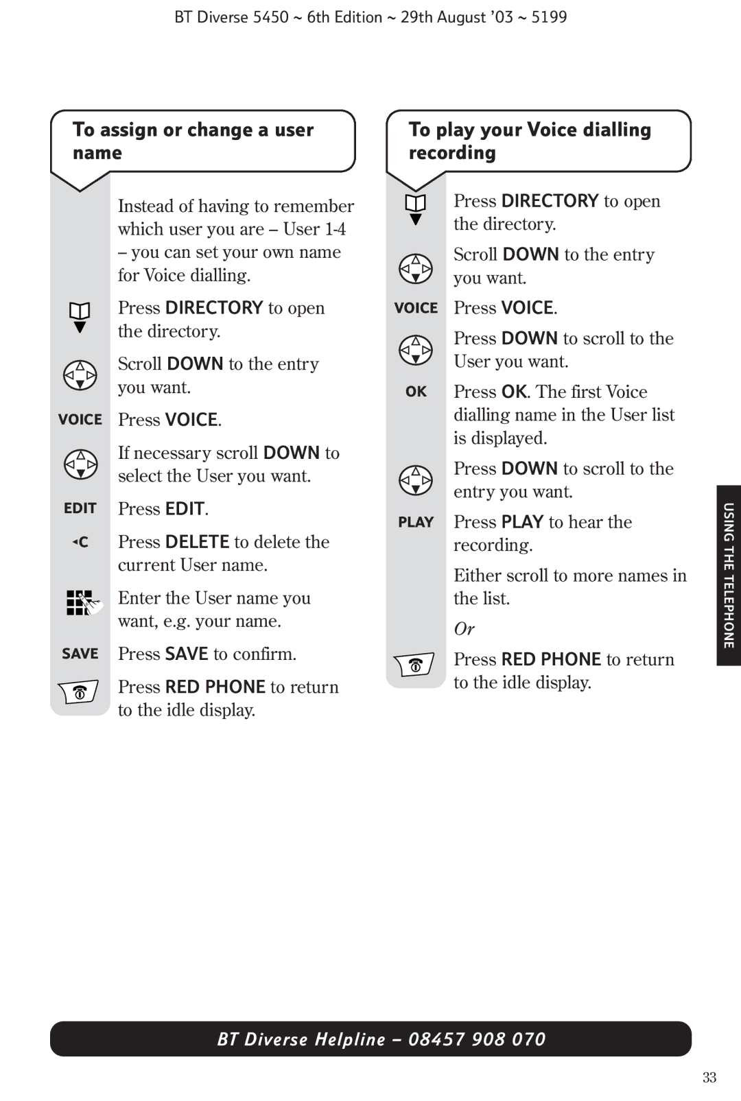 BT BT Diverse 5450 manual To assign or change a user name, To play your Voice dialling recording 