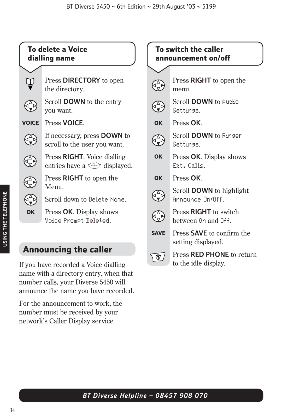 BT BT Diverse 5450 manual Announcing the caller, To delete a Voice dialling name, To switch the caller announcement on/off 