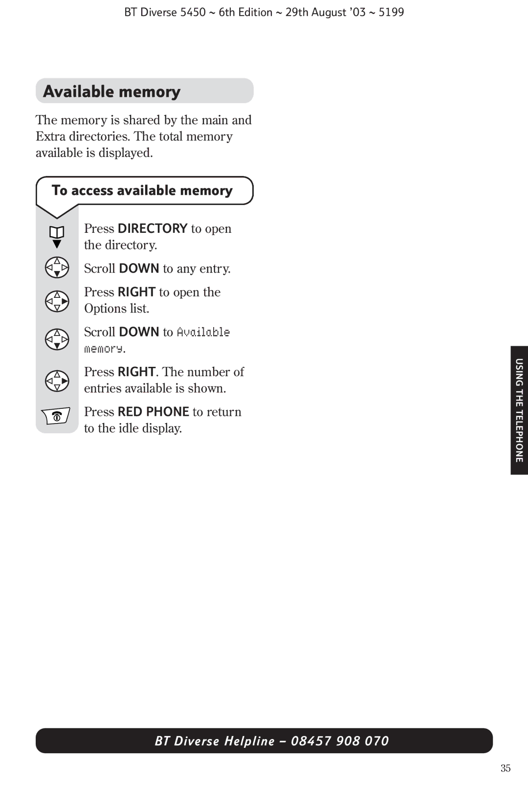 BT BT Diverse 5450 manual Available memory, To access available memory 