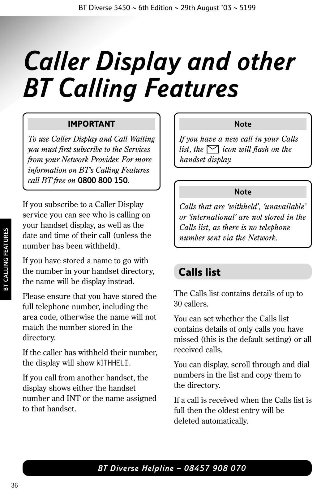 BT BT Diverse 5450 manual Caller Display and other BT Calling Features, Calls list 