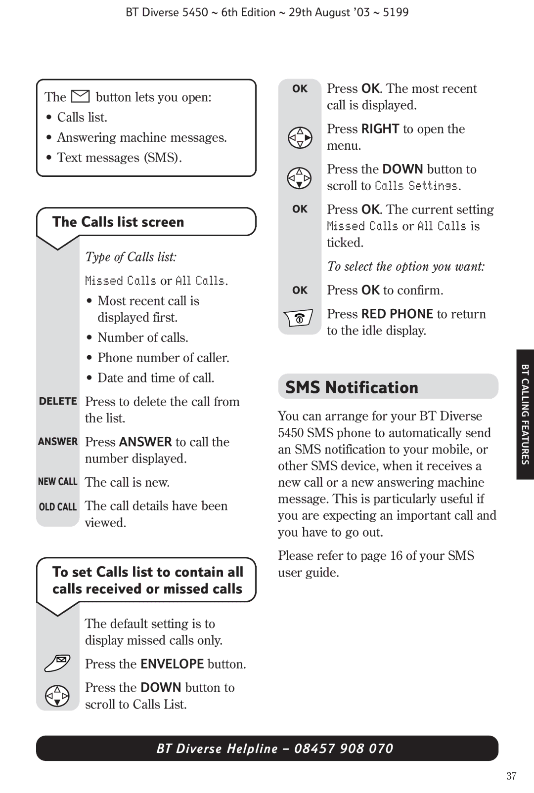 BT BT Diverse 5450 manual SMS Notification, Calls list screen, Missed Calls or All Calls, Type of Calls list 