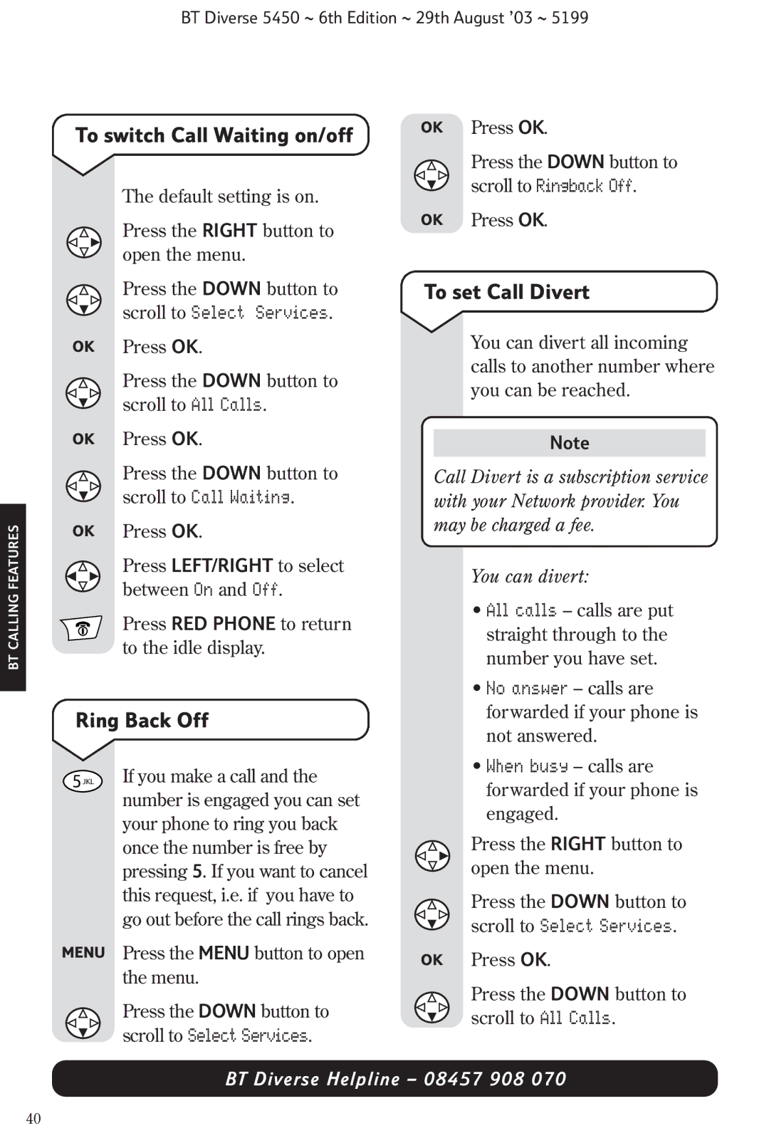 BT BT Diverse 5450 manual To switch Call Waiting on/off, Ring Back Off, To set Call Divert 