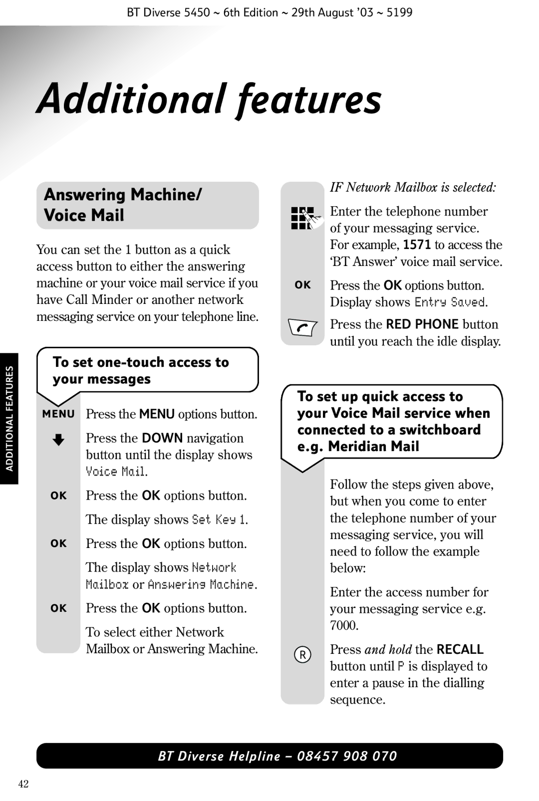 BT BT Diverse 5450 manual Additional features, Answering Machine Voice Mail, To set one-touch access to your messages 