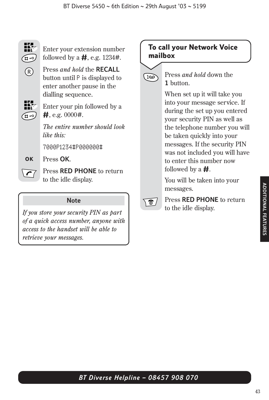 BT BT Diverse 5450 manual To call your Network Voice mailbox, 7000P1234#P000000#, Entire number should look like this 