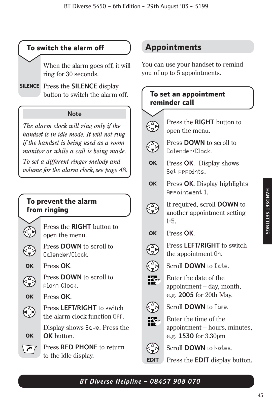 BT BT Diverse 5450 manual Appointments, To switch the alarm off, To prevent the alarm from ringing 