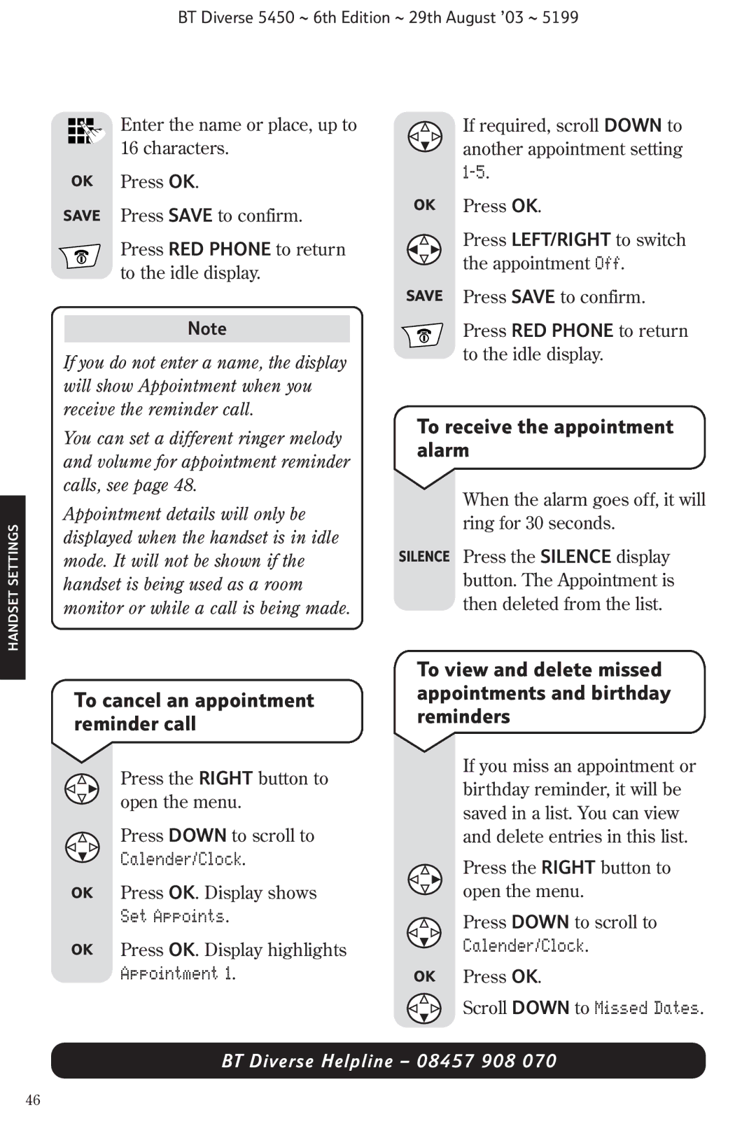 BT BT Diverse 5450 To receive the appointment alarm, To cancel an appointment reminder call, Scroll Down to Missed Dates 