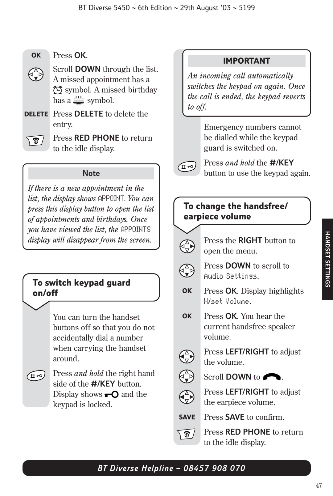 BT BT Diverse 5450 manual To switch keypad guard on/off, To change the handsfree/ earpiece volume 