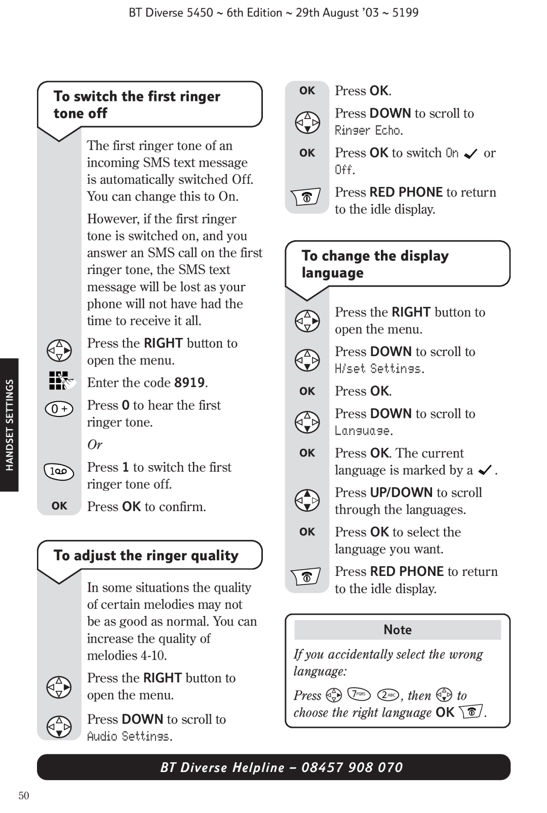 BT BT Diverse 5450 To switch the first ringer, Tone off, To adjust the ringer quality, To change the display language 