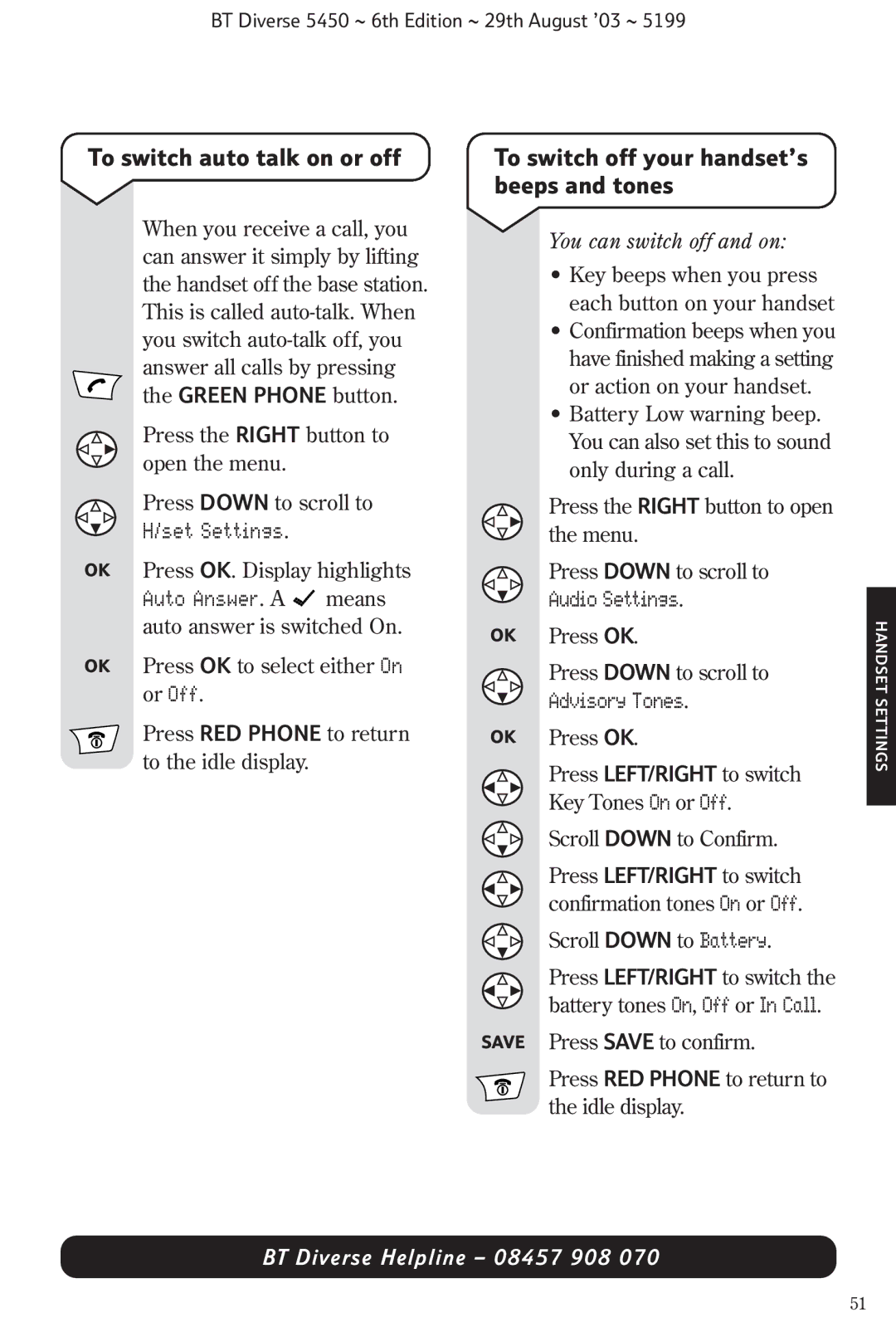 BT BT Diverse 5450 manual To switch auto talk on or off, To switch off your handset’s beeps and tones, Set Settings 