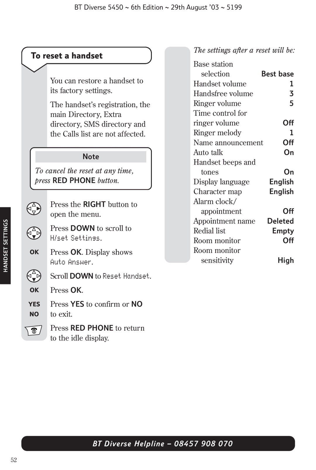 BT BT Diverse 5450 manual To reset a handset, Scroll Down to Reset Handset 