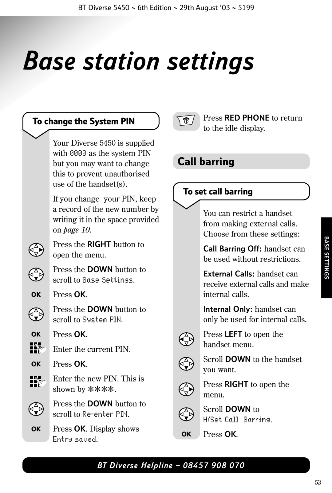 BT BT Diverse 5450 manual Base station settings, Call barring, To change the System PIN, To set call barring 