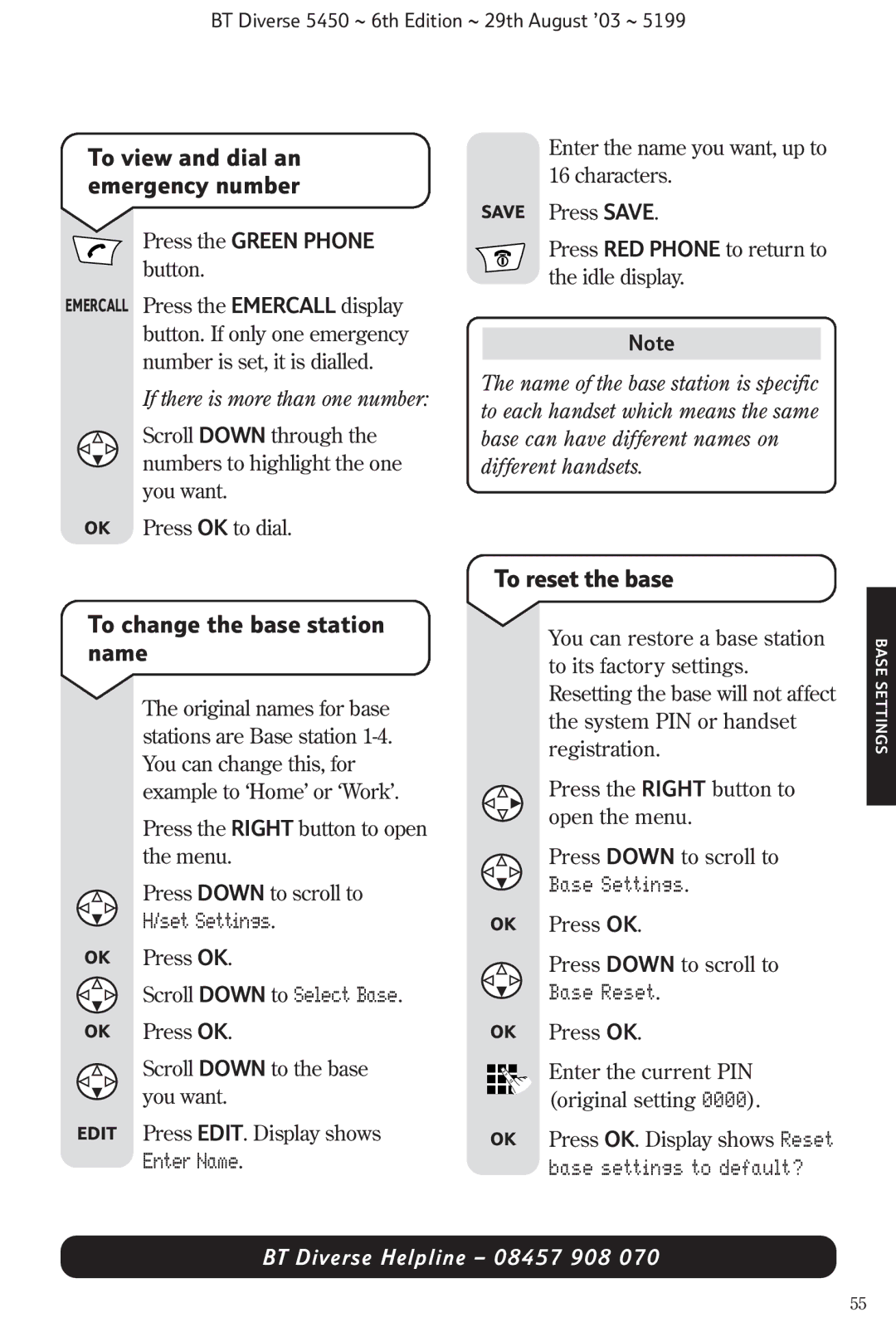 BT BT Diverse 5450 manual To view and dial an emergency number, To change the base station name, To reset the base 