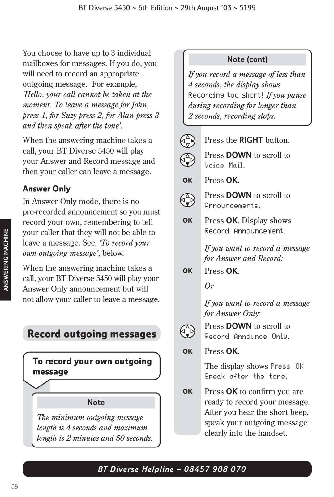 BT BT Diverse 5450 manual Record outgoing messages, To record your own outgoing message 