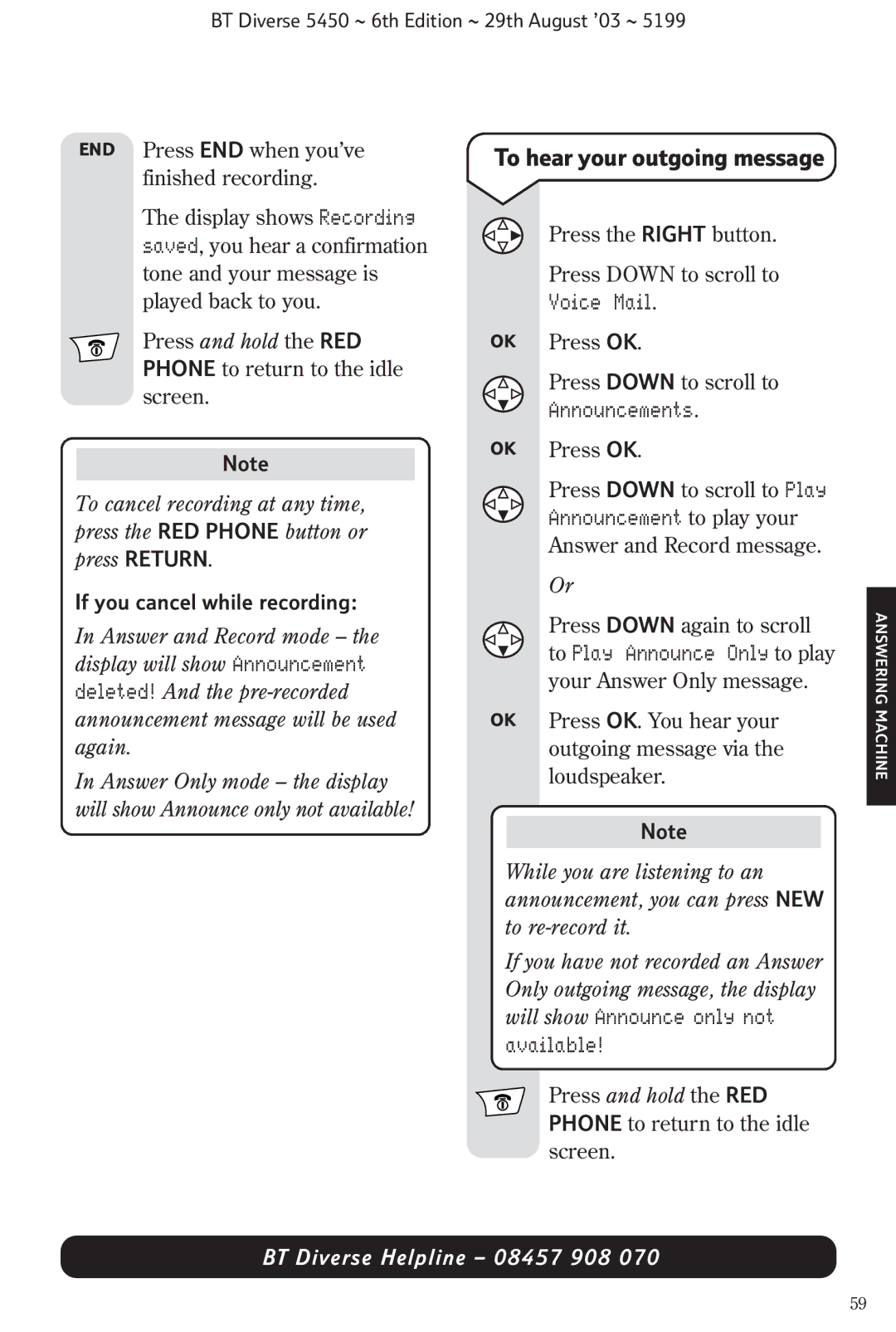 BT BT Diverse 5450 manual To hear your outgoing message, Available, If you cancel while recording 