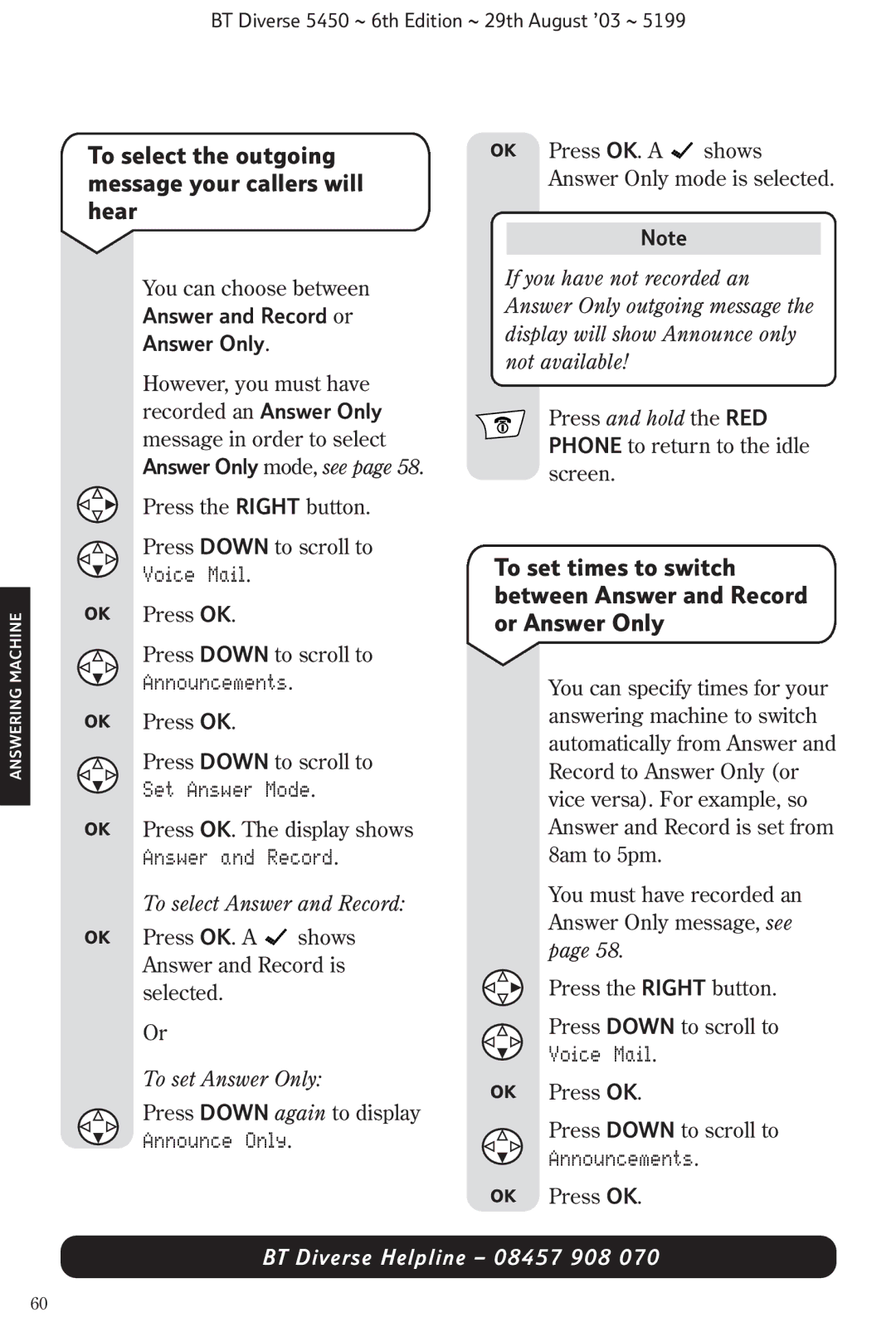 BT BT Diverse 5450 manual To select the outgoing, Message your callers will, Hear, Set Answer Mode 